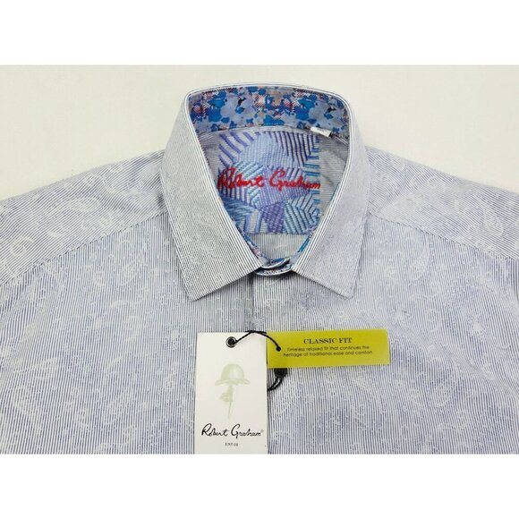 Robert Graham Classic Fit Size Medium Mens Navy White Stripe Paisley Shirt NWT - Picture 13 of 13